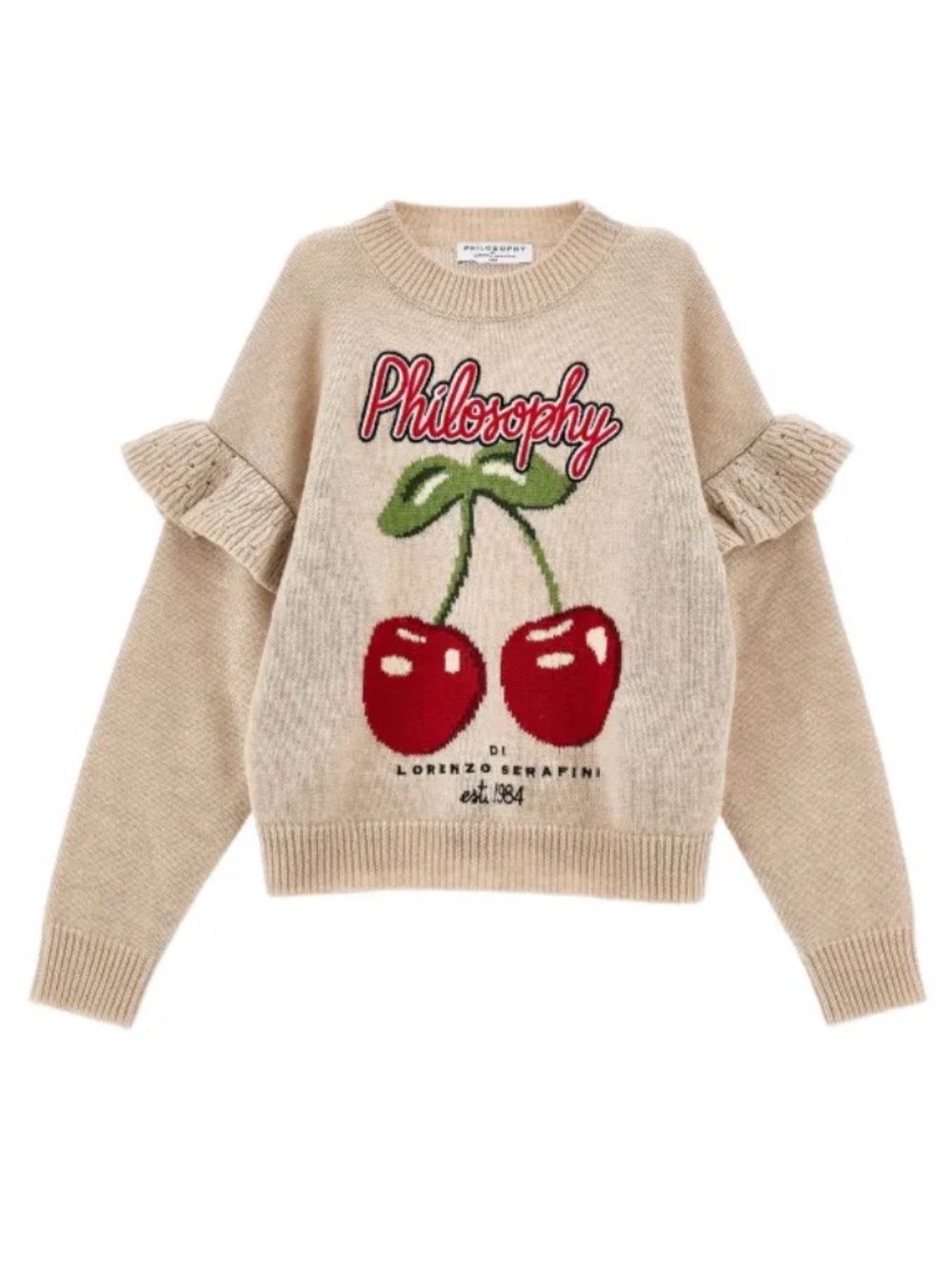 Philosophy Beige Sweater with Red Cherry Appliqué